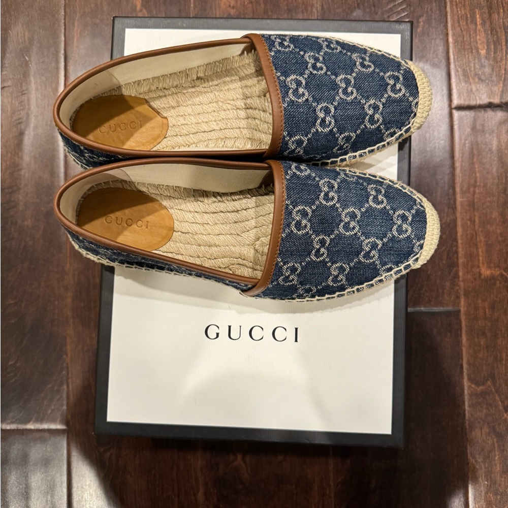 Gucci Denim Blue Espadrilles with Brown Trim